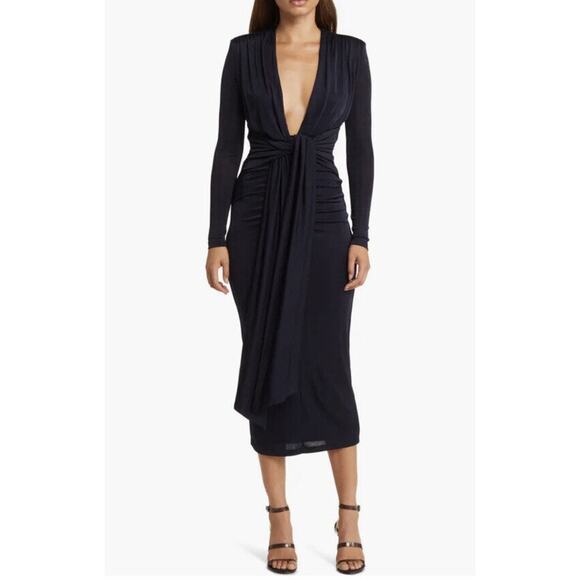 Misha Francis Jersey Midi-Dress Size 36/ US Small Blue Stretchy V- Neck - Picture 1 of 10
